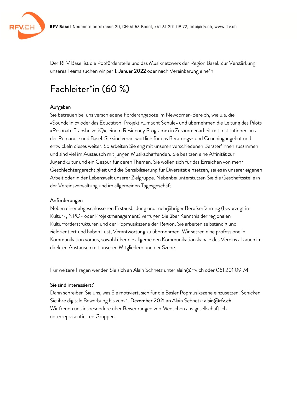 Stelleninserat Fachleitung 2022